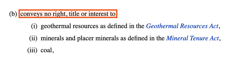 Section 50(1)(b) of the Land Act, boxed: conveys no right, title or interest to, followed by (i) geothermal resources, (ii) minerals and placer minerals, (iii) coal.