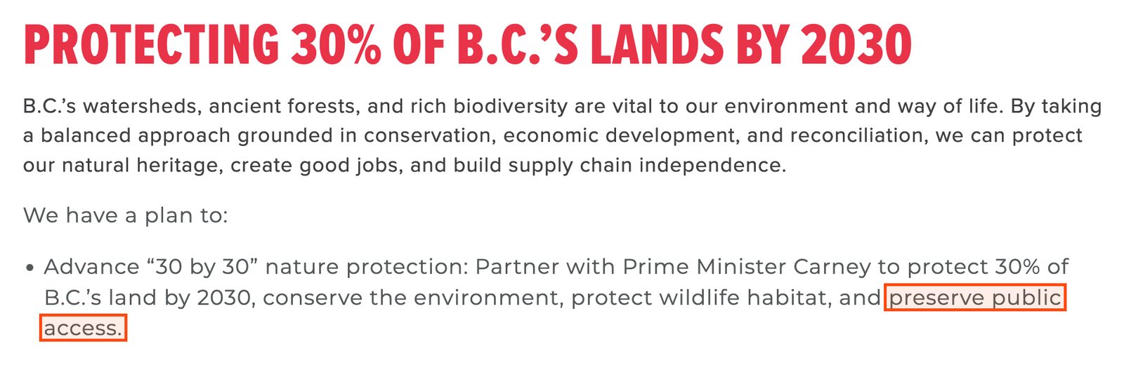 The BC NDP platform panel headed Protecting 30% of B.C.'s lands by 2030, with the words preserve public access boxed.