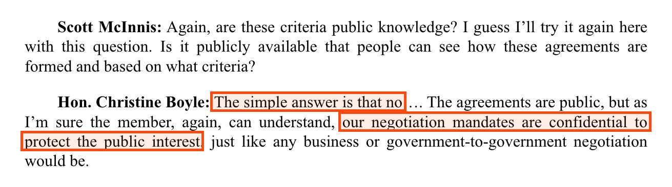 From Hansard for 30 April 2025. Scott McInnis: Again, are these criteria public knowledge? I guess I'll try it again here with this question. Is it publicly available that people can see how these agreements are formed and based on what criteria? Hon. Christine Boyle, with two passages boxed: The simple answer is that no…. The agreements are public, but as I'm sure the member, again, can understand, our negotiation mandates are confidential to protect the public interest, just like any business or government-to-government negotiation would be.