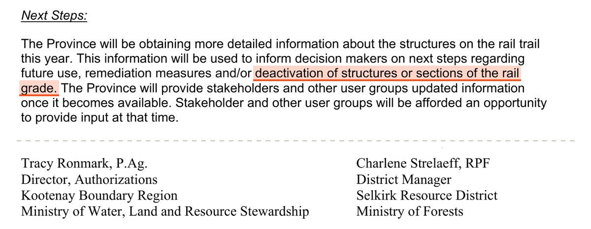 The Next Steps section of the Province's notice: the Province will be obtaining more detailed information about the structures on the rail trail this year, to inform decision makers on next steps regarding future use, remediation measures and/or deactivation of structures or sections of the rail grade. Highlighted: deactivation of structures or sections of the rail grade. Below, the typed names of the signatories, Tracy Ronmark and Charlene Strelaeff.