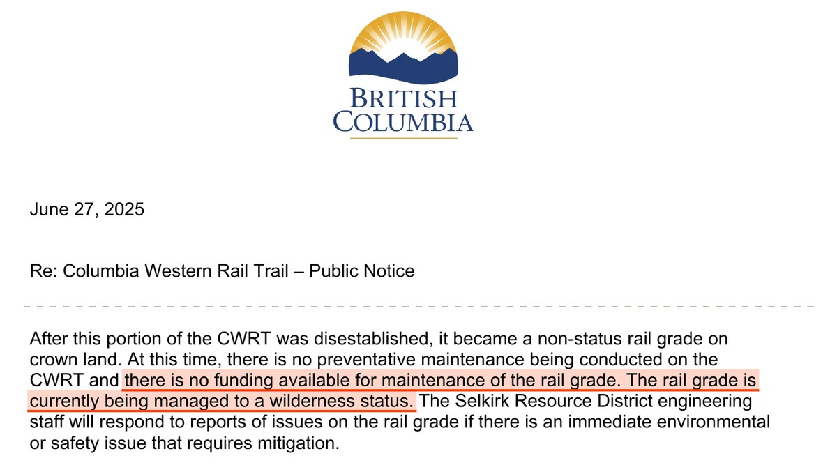 Page 1 of the Province's public notice of 27 June 2025, under the British Columbia logo, dated June 27, 2025, Re: Columbia Western Rail Trail - Public Notice. Highlighted: there is no funding available for maintenance of the rail grade. The rail grade is currently being managed to a wilderness status.