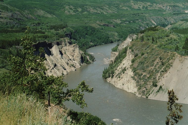 The Stikine River running brown between steep, eroded canyon walls and forested slopes.