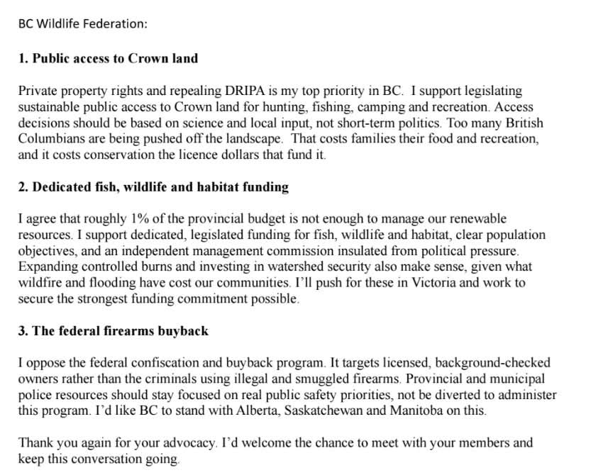 The document as provided: a page headed BC Wildlife Federation, with three numbered answers on public access to Crown land, dedicated fish, wildlife and habitat funding, and the federal firearms buyback.