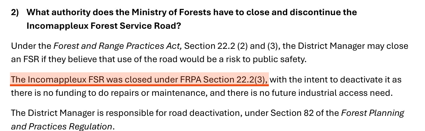 A page of the Ministry of Forests FAQ, question 2, with the sentence The Incomappleux FSR was closed under FRPA Section 22.2(3) highlighted.