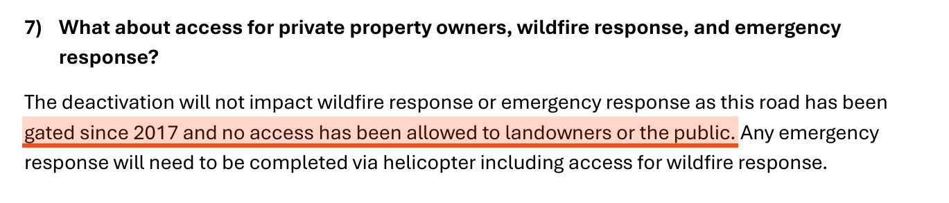 A page of the FAQ, question 7, What about access for private property owners, with the words gated since 2017 and no access has been allowed to landowners or the public highlighted.