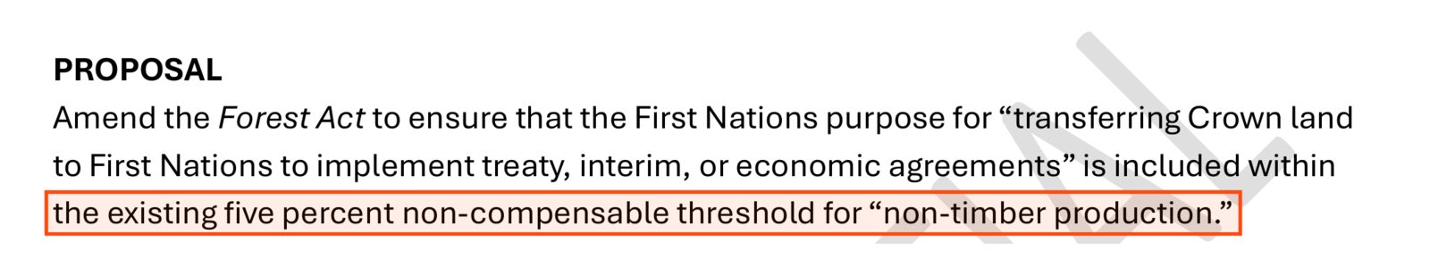 Page 5 of the backgrounder, under PROPOSAL: Amend the Forest Act to ensure that the First Nations purpose for transferring Crown land to First Nations to implement treaty, interim, or economic agreements is included within the existing five percent non-compensable threshold for non-timber production. The last line is boxed.