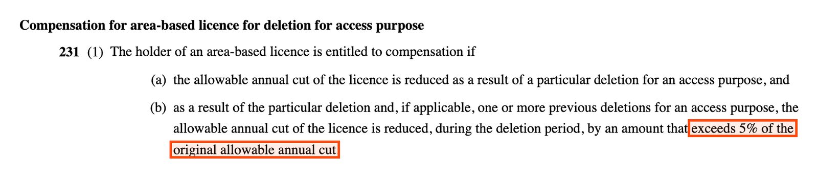 Section 231 of the Forest Act, Compensation for area-based licence for deletion for access purpose: the holder is entitled to compensation only if the allowable annual cut is reduced, during the deletion period, by an amount that exceeds 5% of the original allowable annual cut. That phrase is boxed.