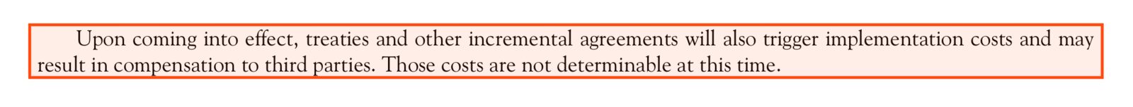Page 82 of the 2025/26 Public Accounts, Note 28: Upon coming into effect, treaties and other incremental agreements will also trigger implementation costs and may result in compensation to third parties. Those costs are not determinable at this time. The paragraph is boxed.