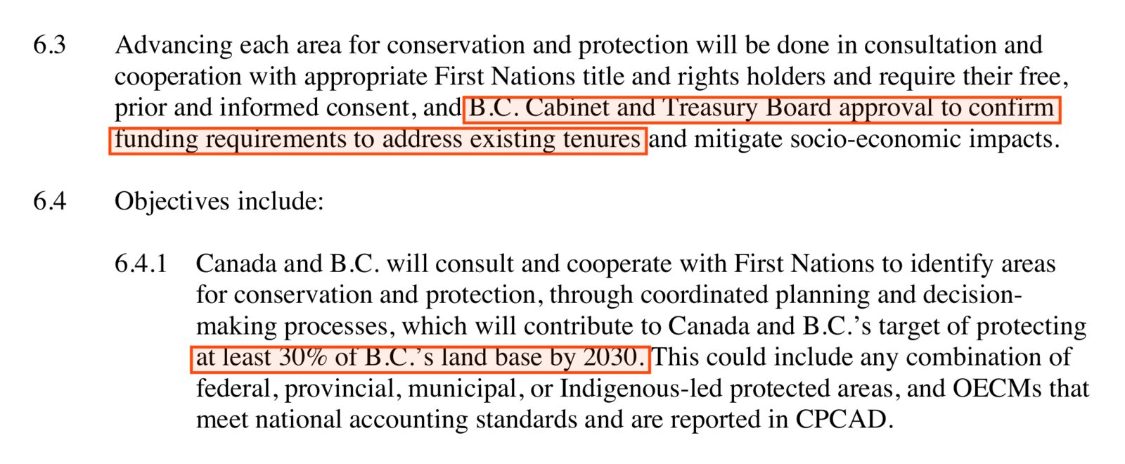Sections 6.3 and 6.4.1 of the Tripartite Framework Agreement. Boxed: B.C. Cabinet and Treasury Board approval to confirm funding requirements to address existing tenures; and at least 30% of B.C.'s land base by 2030.