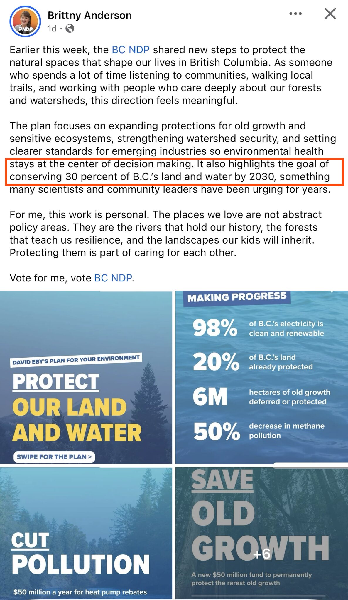 Brittny Anderson's Facebook post. Text: Earlier this week, the BC NDP shared new steps to protect the natural spaces that shape our lives in British Columbia. The plan focuses on expanding protections for old growth and sensitive ecosystems, strengthening watershed security, and setting clearer standards for emerging industries. Boxed: It also highlights the goal of conserving 30 percent of B.C.'s land and water by 2030. It ends: Vote for me, vote BC NDP. Below, four party graphics: David Eby's plan for your environment, Protect our land and water; Making progress, 98%, 20%, 6M, 50%; Cut pollution; Save old growth.
