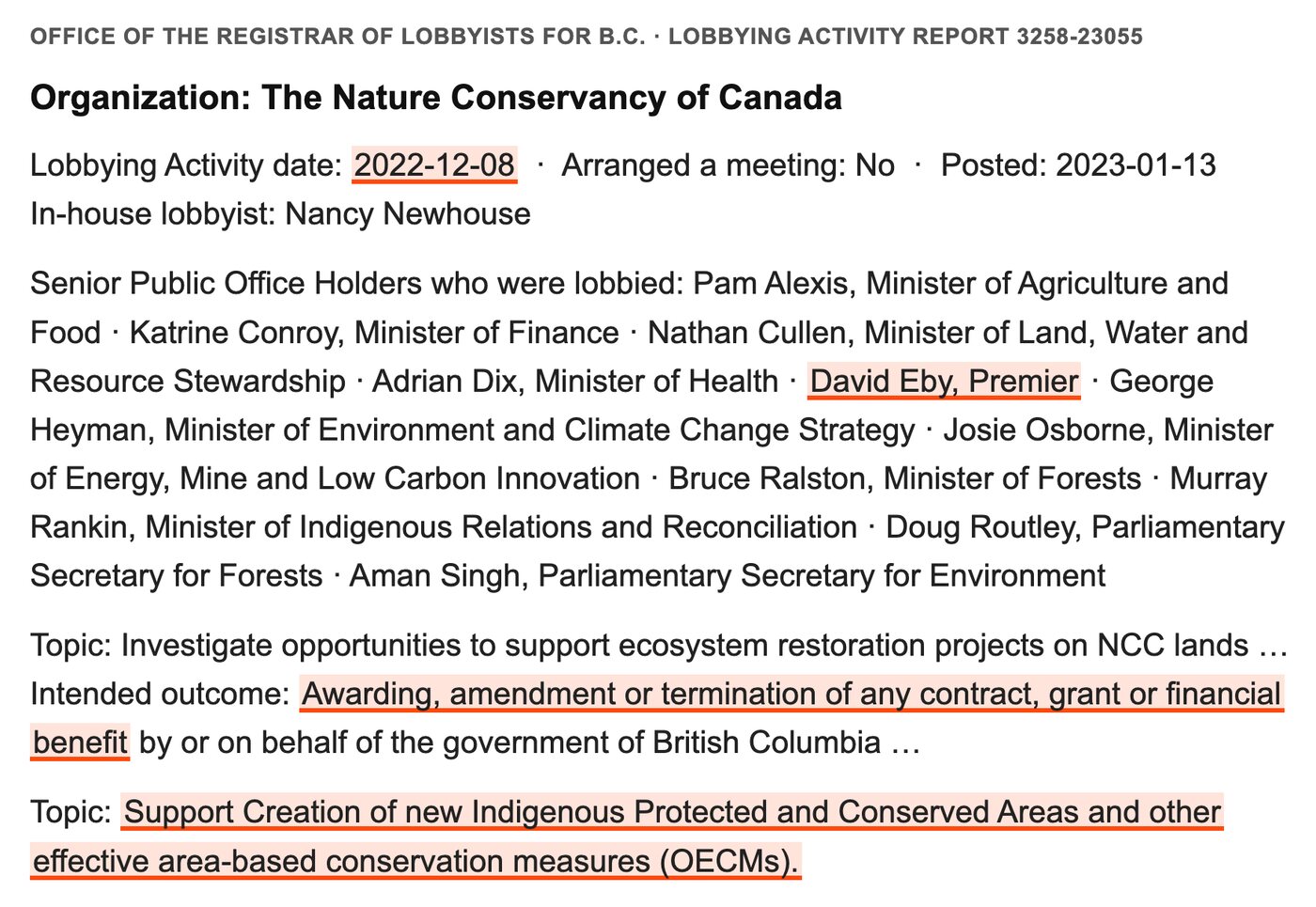 Lobbying activity report 3258-23055 for the Nature Conservancy of Canada. Activity date 2022-12-08, highlighted. Arranged a meeting: no. In-house lobbyist Nancy Newhouse. Office holders lobbied: Pam Alexis, Katrine Conroy, Nathan Cullen, Adrian Dix, David Eby, Premier, highlighted, George Heyman, Josie Osborne, Bruce Ralston, Murray Rankin, Doug Routley and Aman Singh. Topic: support ecosystem restoration projects on NCC lands; intended outcome: awarding, amendment or termination of any contract, grant or financial benefit, highlighted. Topic: support creation of new Indigenous Protected and Conserved Areas and OECMs, highlighted.