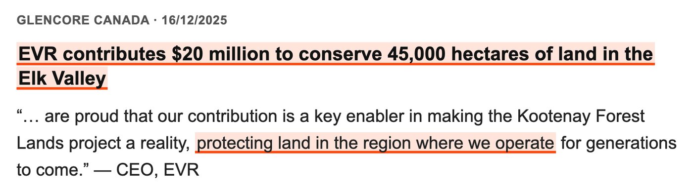 Glencore Canada page dated 16 December 2025. Highlighted headline: EVR contributes $20 million to conserve 45,000 hectares of land in the Elk Valley. Quote from the chief executive of EVR, with protecting land in the region where we operate highlighted.