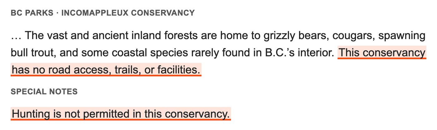 From the BC Parks page for the Incomappleux Conservancy. Highlighted: This conservancy has no road access, trails, or facilities. Under special notes, highlighted: Hunting is not permitted in this conservancy.