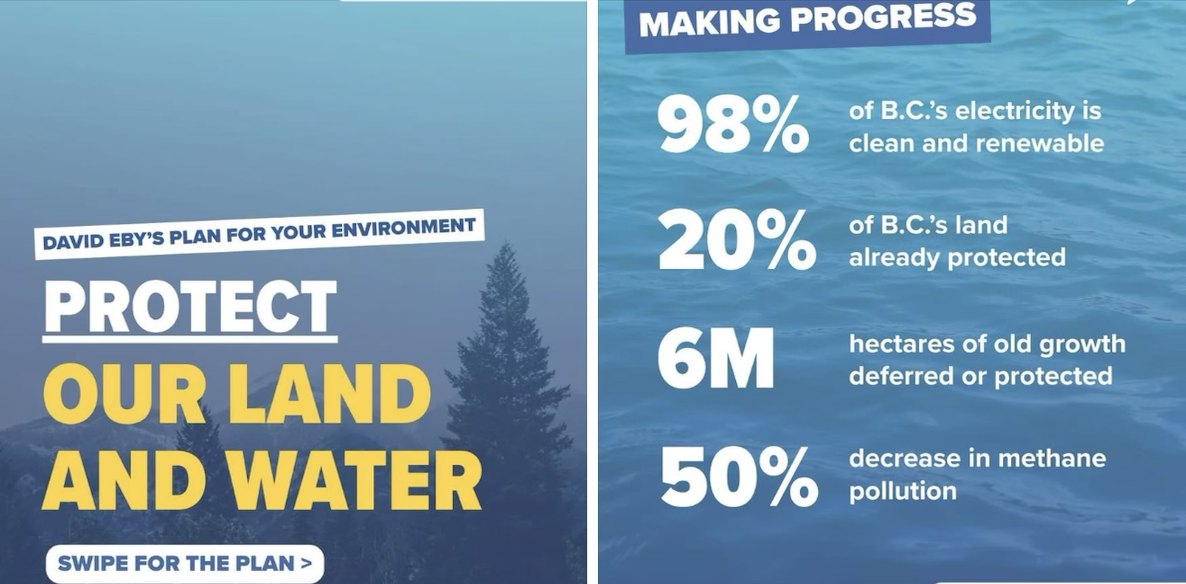 The first two graphics in her post: the BC NDP's Protect our land and water and Making progress cards.