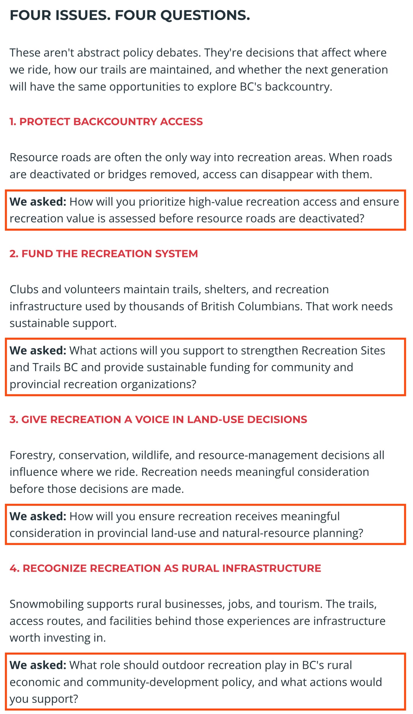 From the BC Snowmobile Federation's article, the section Four issues, four questions, with each question boxed. One: How will you prioritize high-value recreation access and ensure recreation value is assessed before resource roads are deactivated? Two: What actions will you support to strengthen Recreation Sites and Trails BC and provide sustainable funding for community and provincial recreation organizations? Three: How will you ensure recreation receives meaningful consideration in provincial land-use and natural-resource planning? Four: What role should outdoor recreation play in BC's rural economic and community-development policy, and what actions would you support?