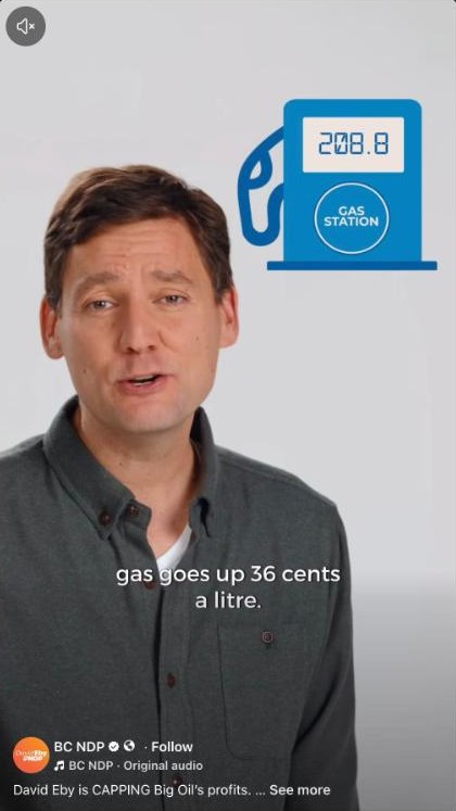 A frame of the BC NDP video: David Eby in a grey shirt beside a cartoon blue pump reading 208.8, with the caption: gas goes up 36 cents a litre.