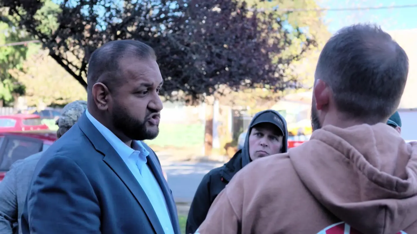 Ravi Parmar speaking to the Four Wheel Drive Association delegation outside his Langford campaign office, at 1:11 in the recording, as he says: The standards... require a logging truck
