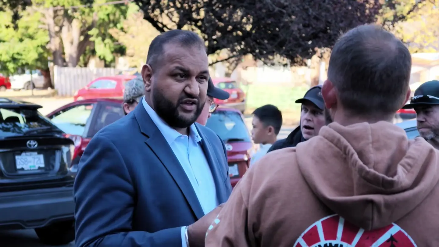 Ravi Parmar speaking to the Four Wheel Drive Association delegation outside his Langford campaign office, at 0:24 in the recording, as he says: $11 million budget to maintain those roads