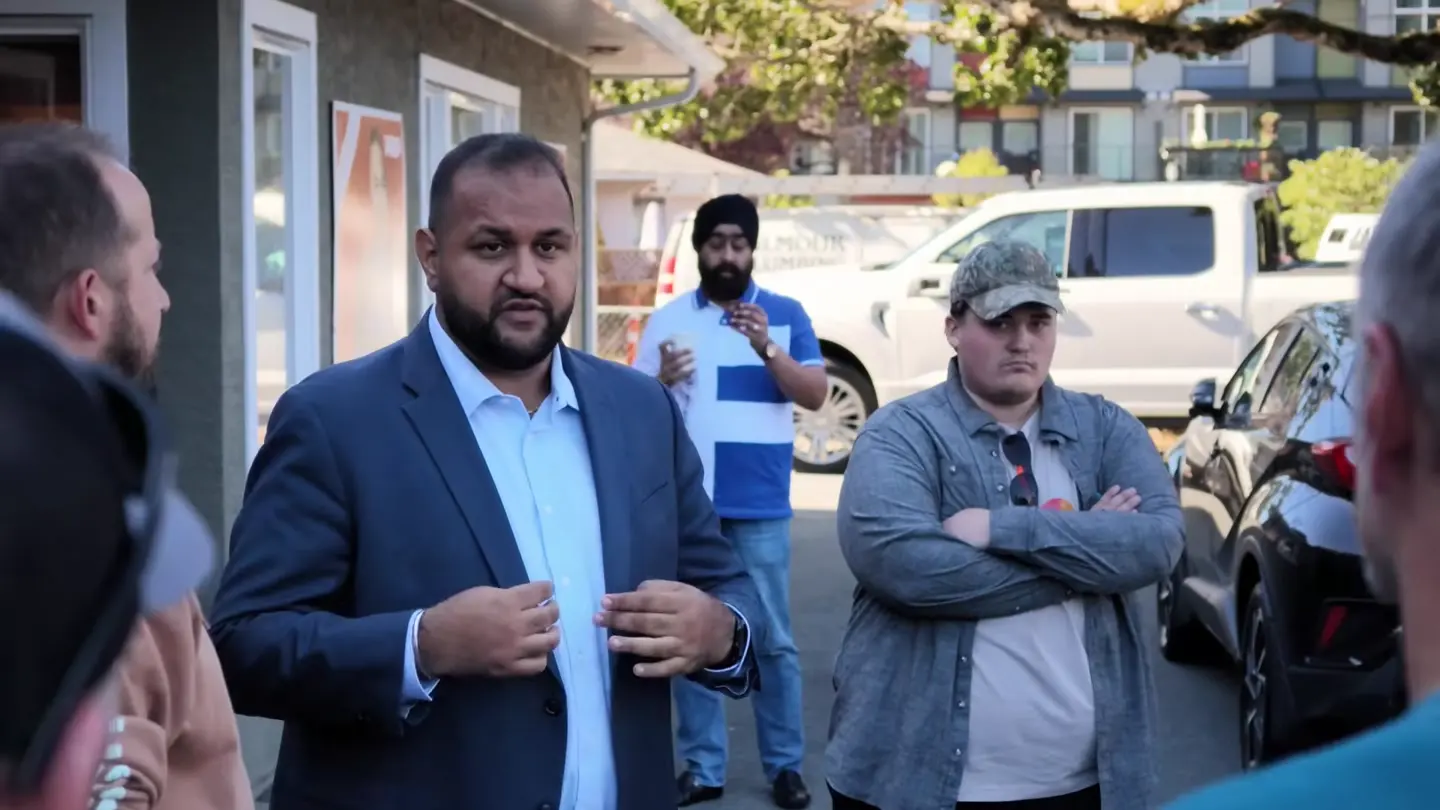 Ravi Parmar speaking to the Four Wheel Drive Association delegation outside his Langford campaign office, at 5:30 in the recording, as he says: The Mackenzie test case