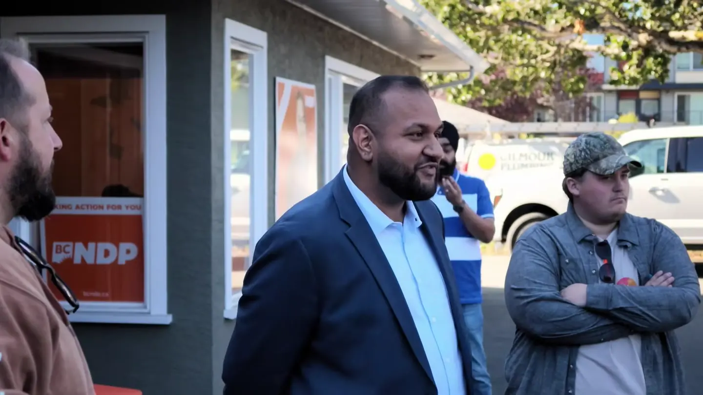 Ravi Parmar speaking to the Four Wheel Drive Association delegation outside his Langford campaign office, at 5:10 in the recording, as he says: We can't really do anything until the election's over