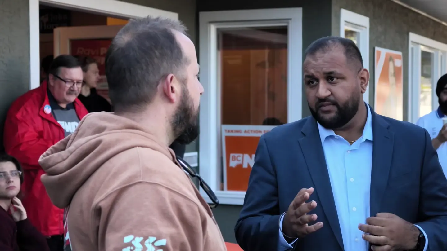 Ravi Parmar speaking to the Four Wheel Drive Association delegation outside his Langford campaign office, at 7:49 in the recording, as he says: Reach out... to the Selkirk district office