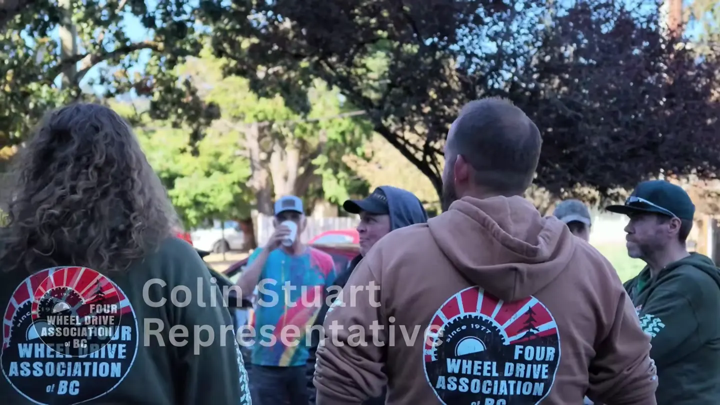 Ravi Parmar speaking to the Four Wheel Drive Association delegation outside his Langford campaign office, at 0:13 in the recording, as he says: I'm technically not the Minister of Forests anymore