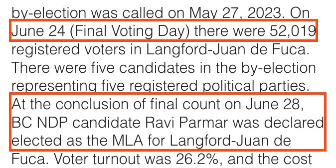 From page 9 of the Elections BC by-election report, under Langford-Juan de Fuca. Two passages are boxed: June 24 (Final Voting Day) there were 52,019 registered voters; and At the conclusion of final count on June 28, BC NDP candidate Ravi Parmar was declared elected as the MLA for Langford-Juan de Fuca.