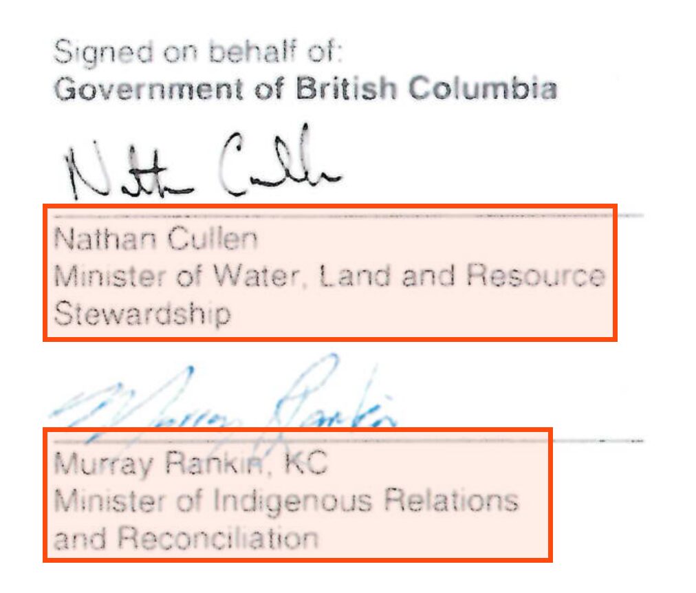 The Province's signature block on page 28: Signed on behalf of Government of British Columbia. Nathan Cullen, Minister of Water, Land and Resource Stewardship, and Murray Rankin, KC, Minister of Indigenous Relations and Reconciliation, each with a signature; both names are boxed.