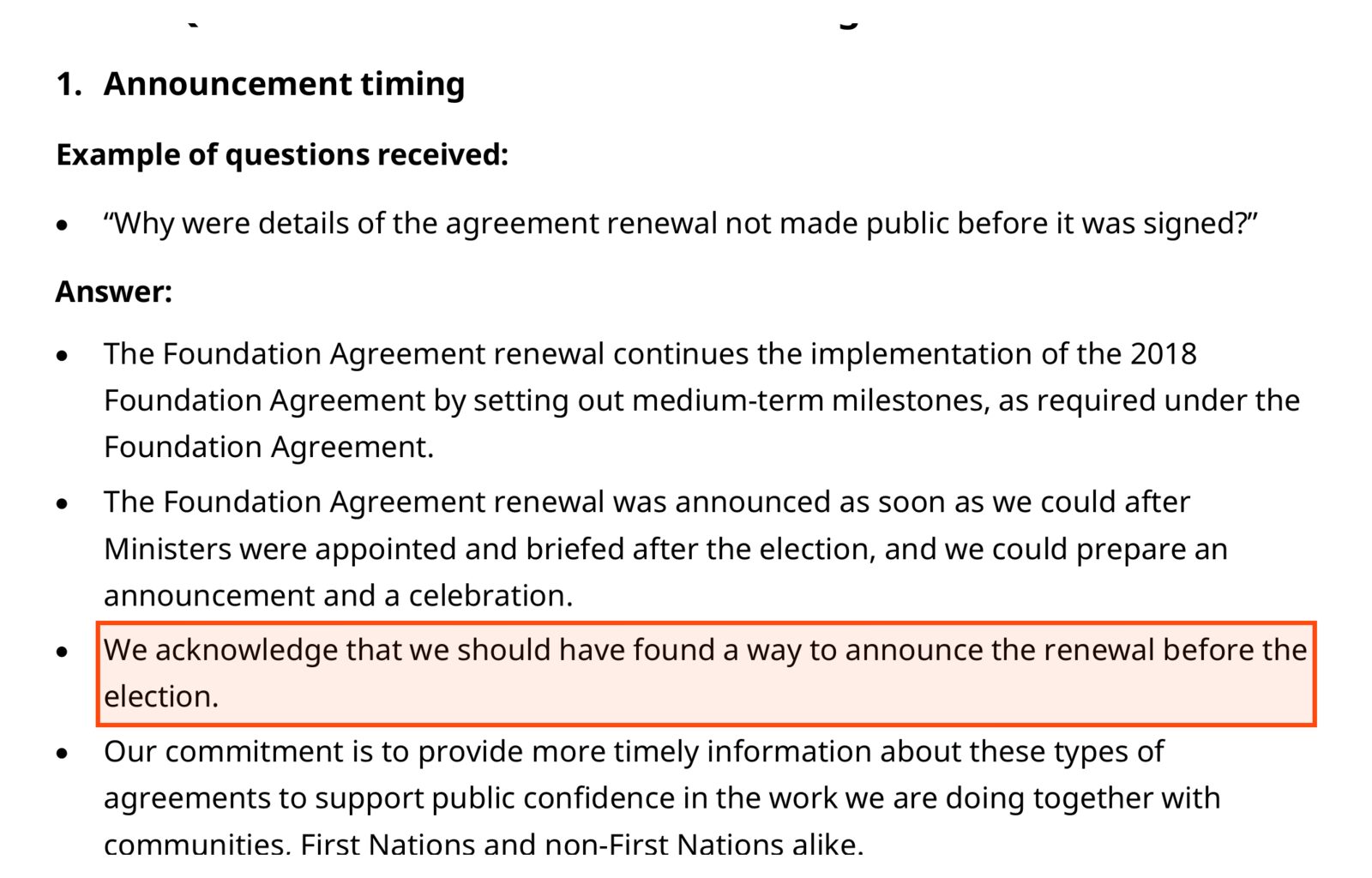 Page 2 of the Province's Q&A, under 1. Announcement timing. The question: Why were details of the agreement renewal not made public before it was signed? Among the answers, boxed: We acknowledge that we should have found a way to announce the renewal before the election.