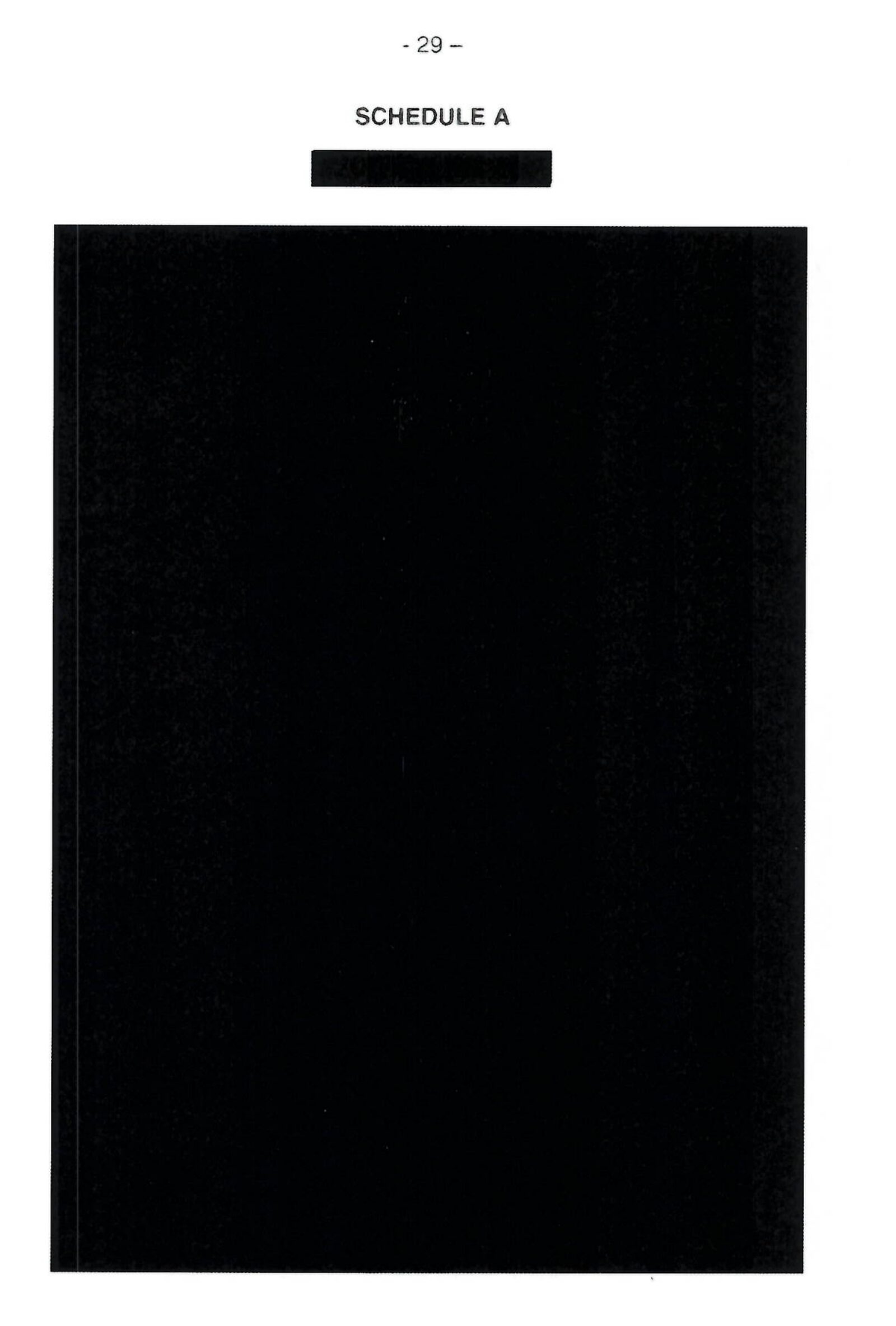 Page 29 of the agreement, headed Schedule A. The schedule's title and the whole of the map below it are covered by a black redaction box.
