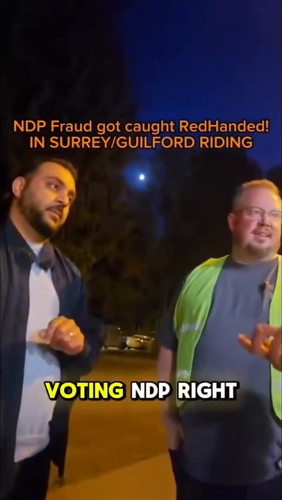 Night, a parking lot. A man in a navy jacket and a man in a high-visibility vest talk; the overlay reads NDP Fraud got caught RedHanded! In Surrey/Guilford riding.