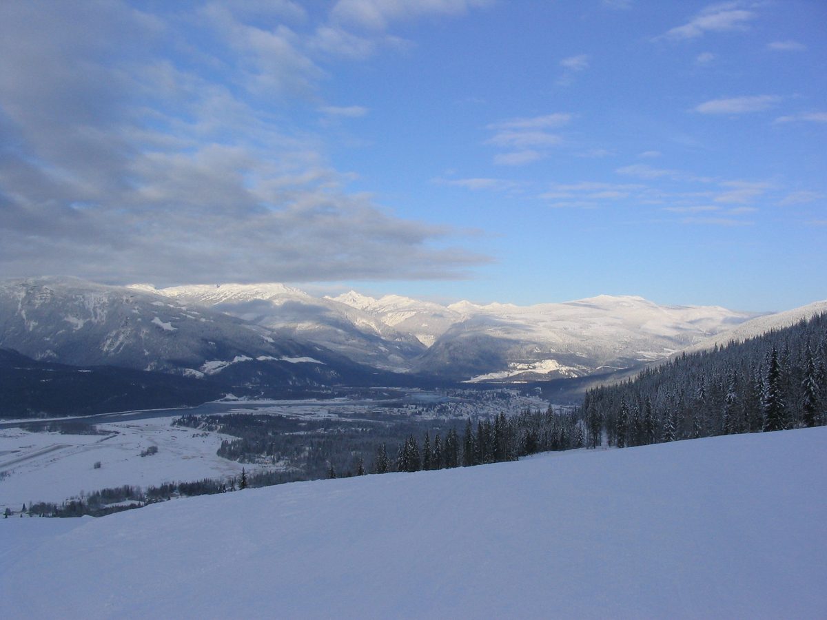 Snow-covered mountains above Revelstoke and the Columbia River valley in winter, seen from a ski hill, with forest in the foreground.