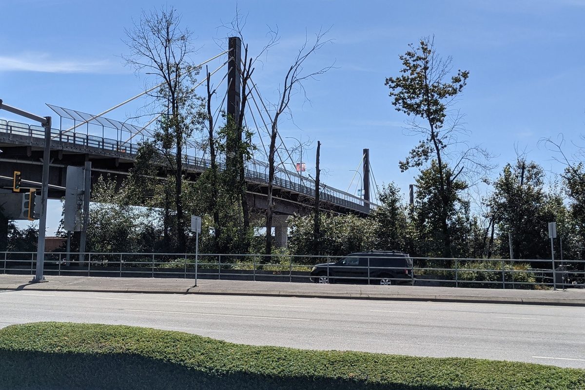 The cable-stayed Coast Meridian Overpass rising over the Lougheed Highway in Port Coquitlam, with trees along the road.