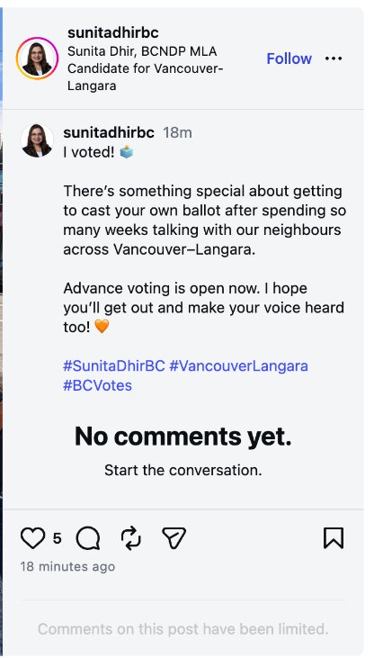 The post as Instagram showed it: her text, then No comments yet, and at the foot, Comments on this post have been limited.