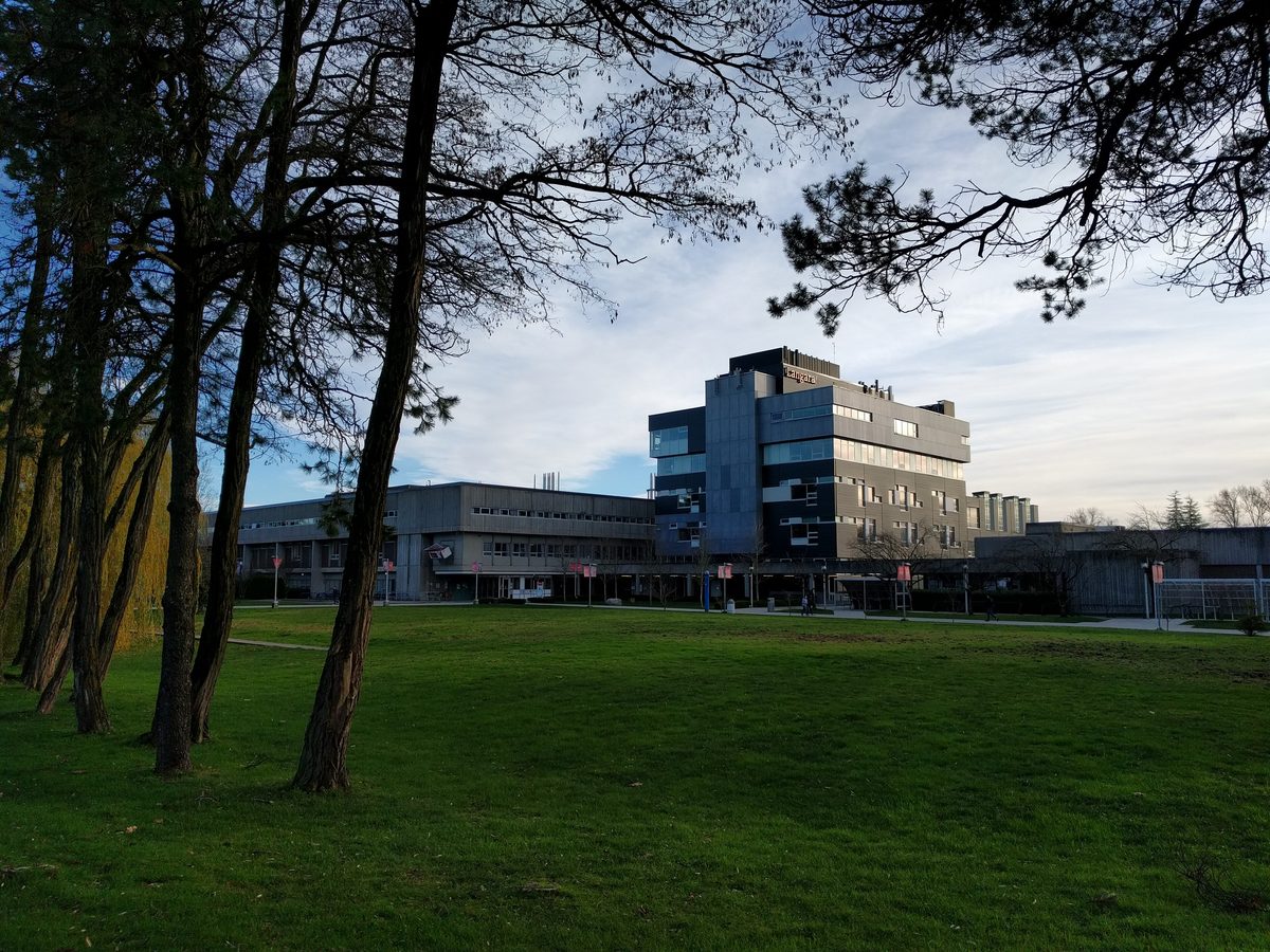 Langara College seen across a lawn between tall trees.