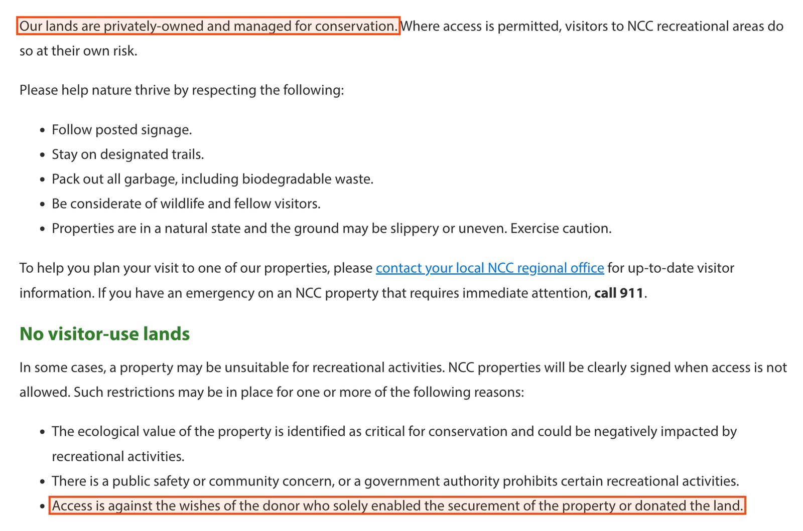 NCC's Land Use page. Boxed at the top: Our lands are privately-owned and managed for conservation. Boxed at the bottom, the last of three reasons a property may be closed to visitors: Access is against the wishes of the donor who solely enabled the securement of the property or donated the land.