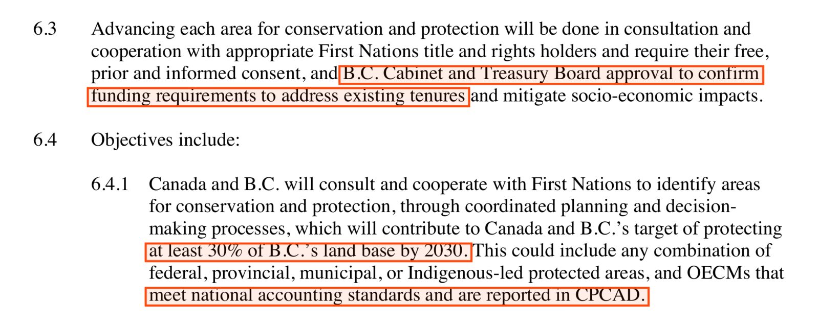 Clauses 6.3 and 6.4.1 of the agreement. Boxed: B.C. Cabinet and Treasury Board approval to confirm funding requirements to address existing tenures; at least 30% of B.C.'s land base by 2030; meet national accounting standards and are reported in CPCAD.