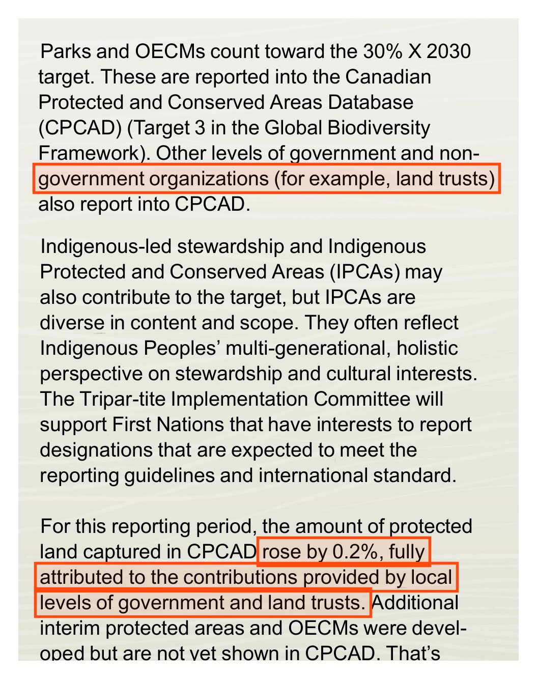 A column of the second annual report. Boxed: government organizations (for example, land trusts) also report into CPCAD; and rose by 0.2%, fully attributed to the contributions provided by local levels of government and land trusts.