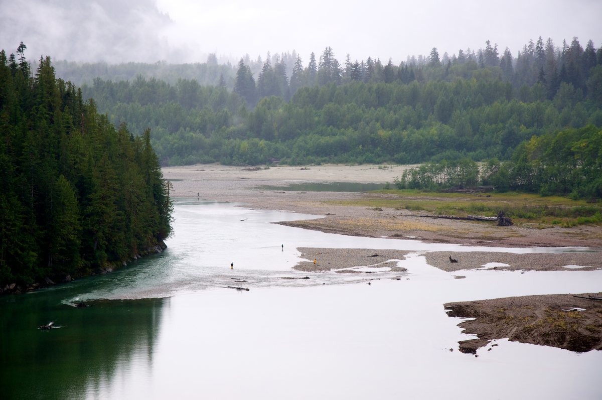 A wide, shallow river mouth with gravel bars flowing out of a lake, between steep forested slopes under low cloud.